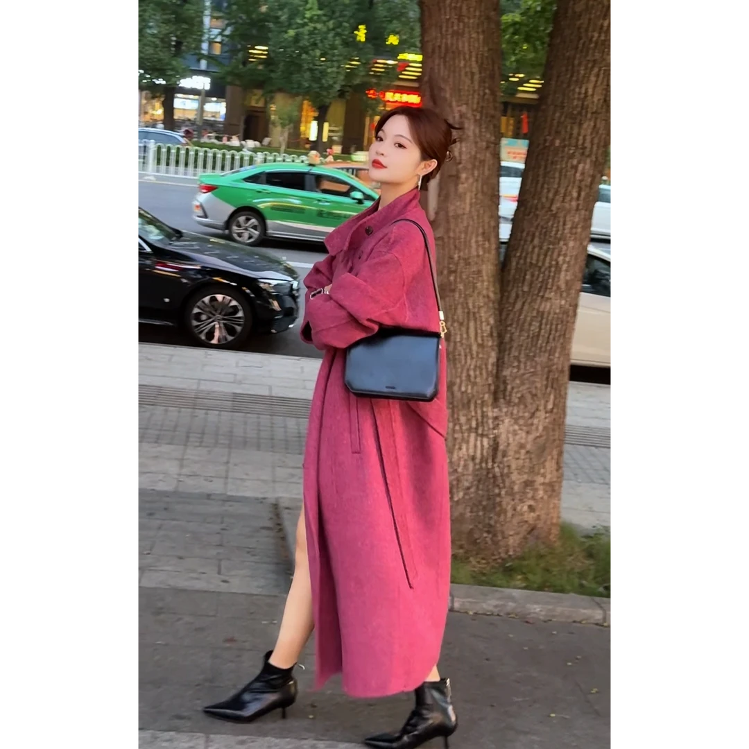 2025秋冬新款粉色双面呢外套长款女气质洋气高级感显瘦羊毛外套