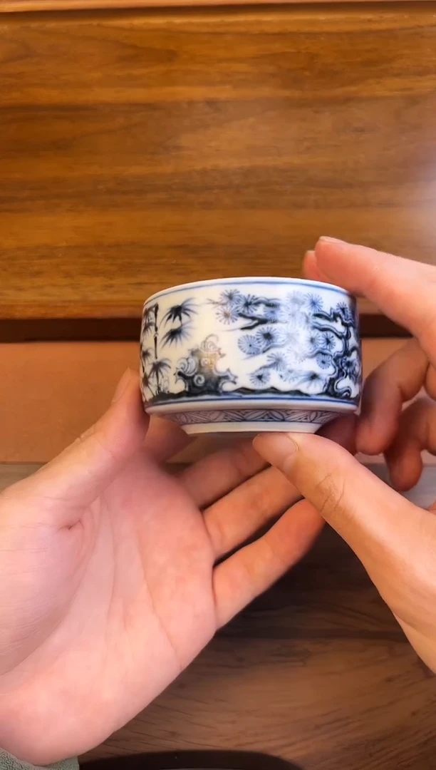 问青坊纯手工手绘青花仿元松竹梅柴窑禅定杯