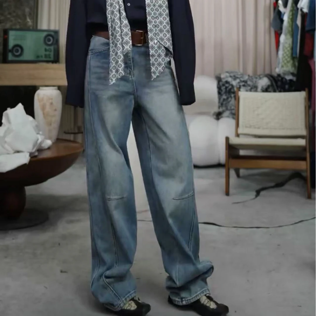 infobyfive2025春季加绒不加绒猫爪复古带腰带弯刀牛仔裤2DL3101