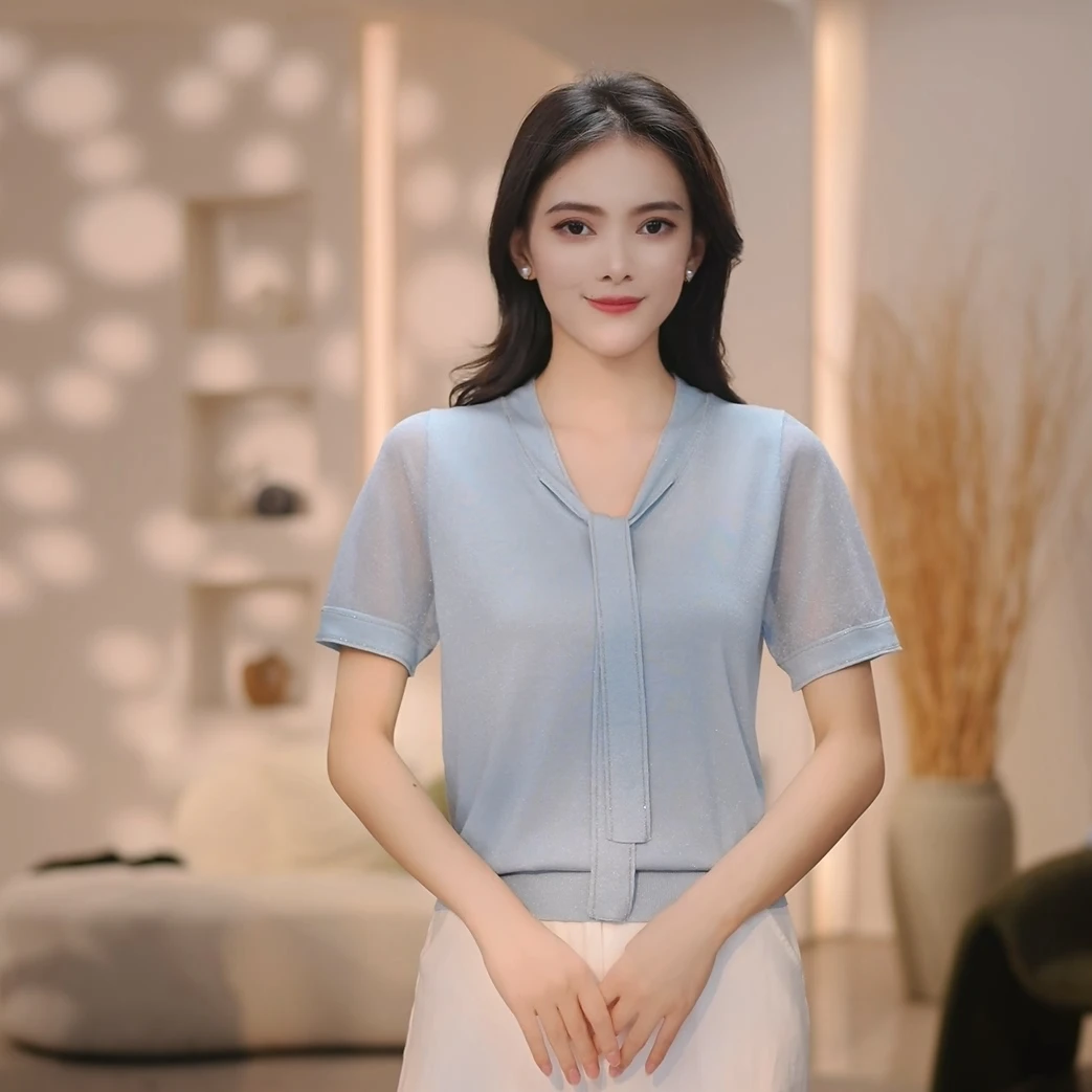 夏季新款2025时尚百搭高级感通勤飘带款亮丝显瘦V领针织衫上衣女