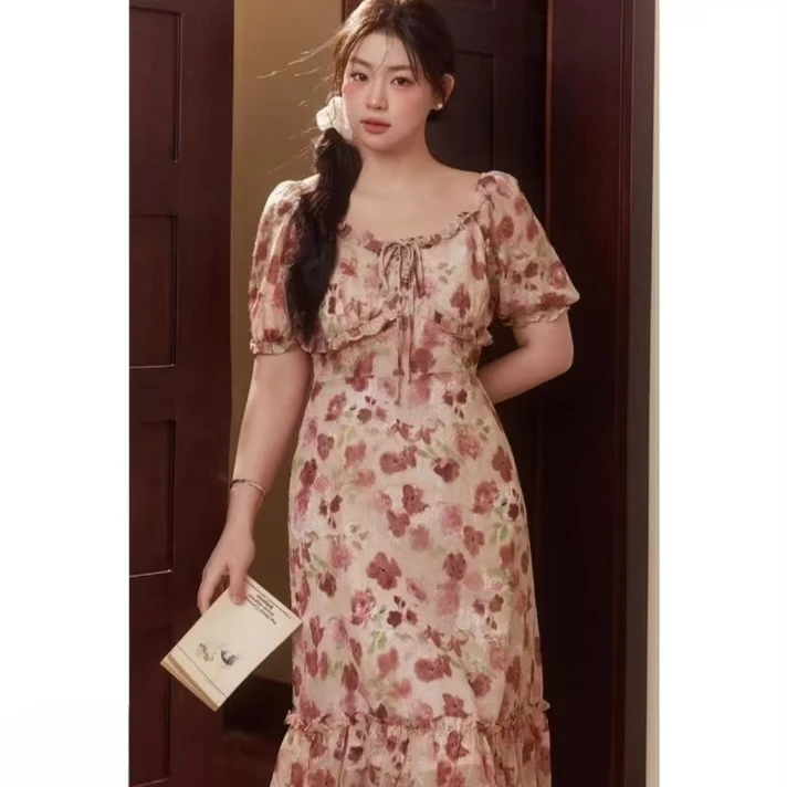 YH-66416大码女装胖mm法式田园风碎花U领时尚短袖连衣裙宽松夏季