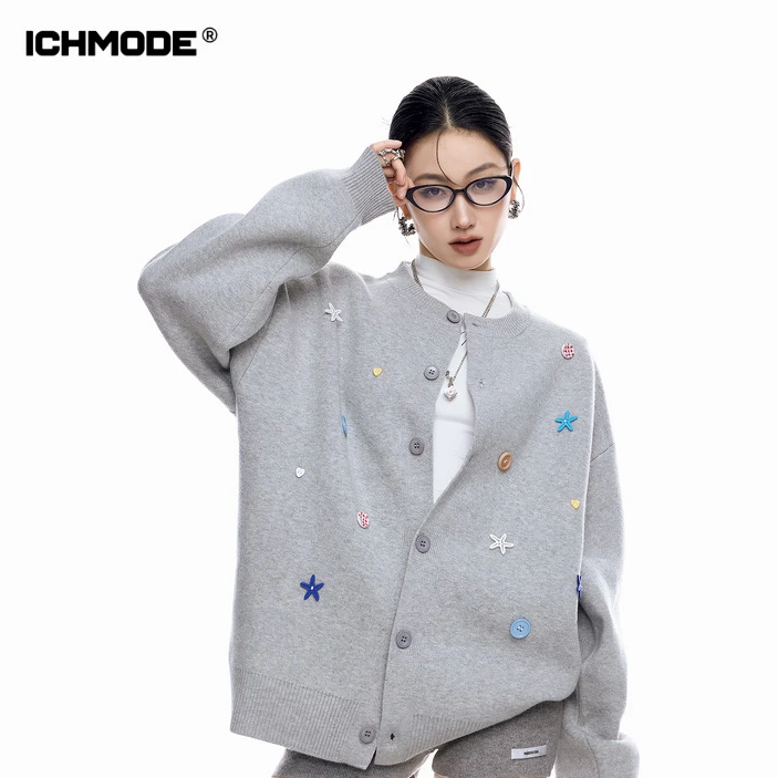ICH MODE 美式复古海星纽扣针织开衫女秋冬季慵懒氛围感毛衣外套