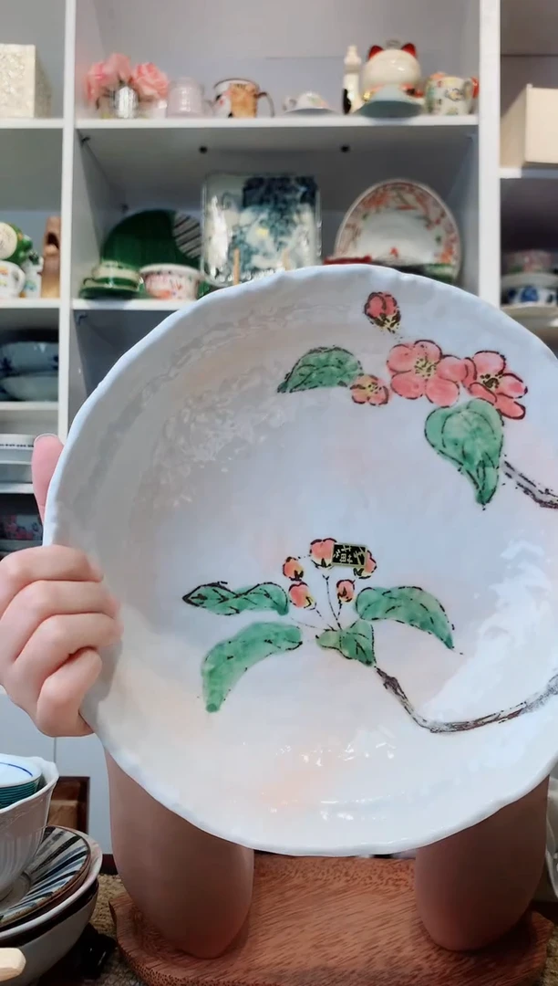 陶瓷bloom粗陶手绘山樱花四足大钵24.5cm