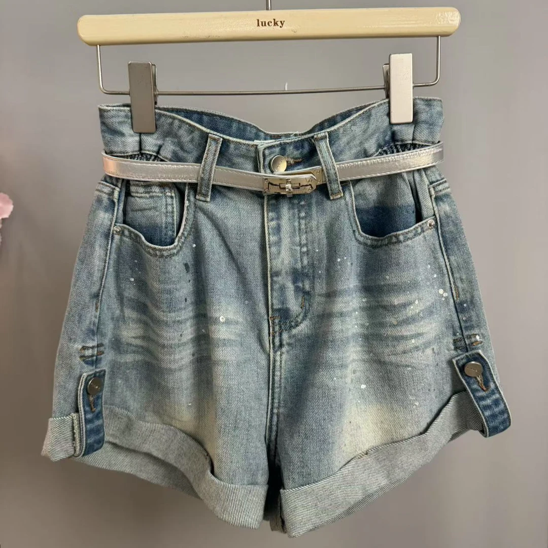 【王小小88066】春季时尚卷边高腰牛仔短裤休闲