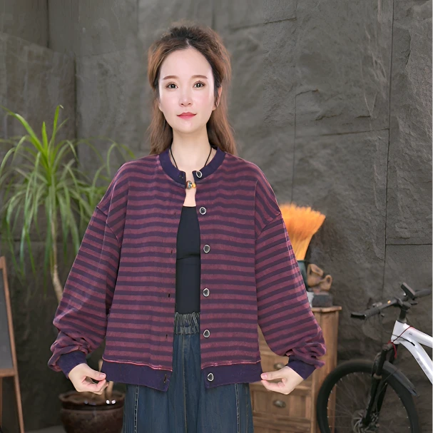 【条纹开衫】大码女2025新款休闲宽松圆领长袖纯棉外套上衣
