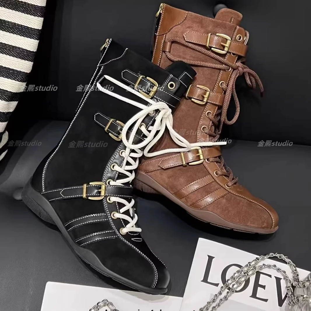 牛皮版~内增高厚底拳击靴女国潮升级版靴皮带扣设计马丁靴短靴