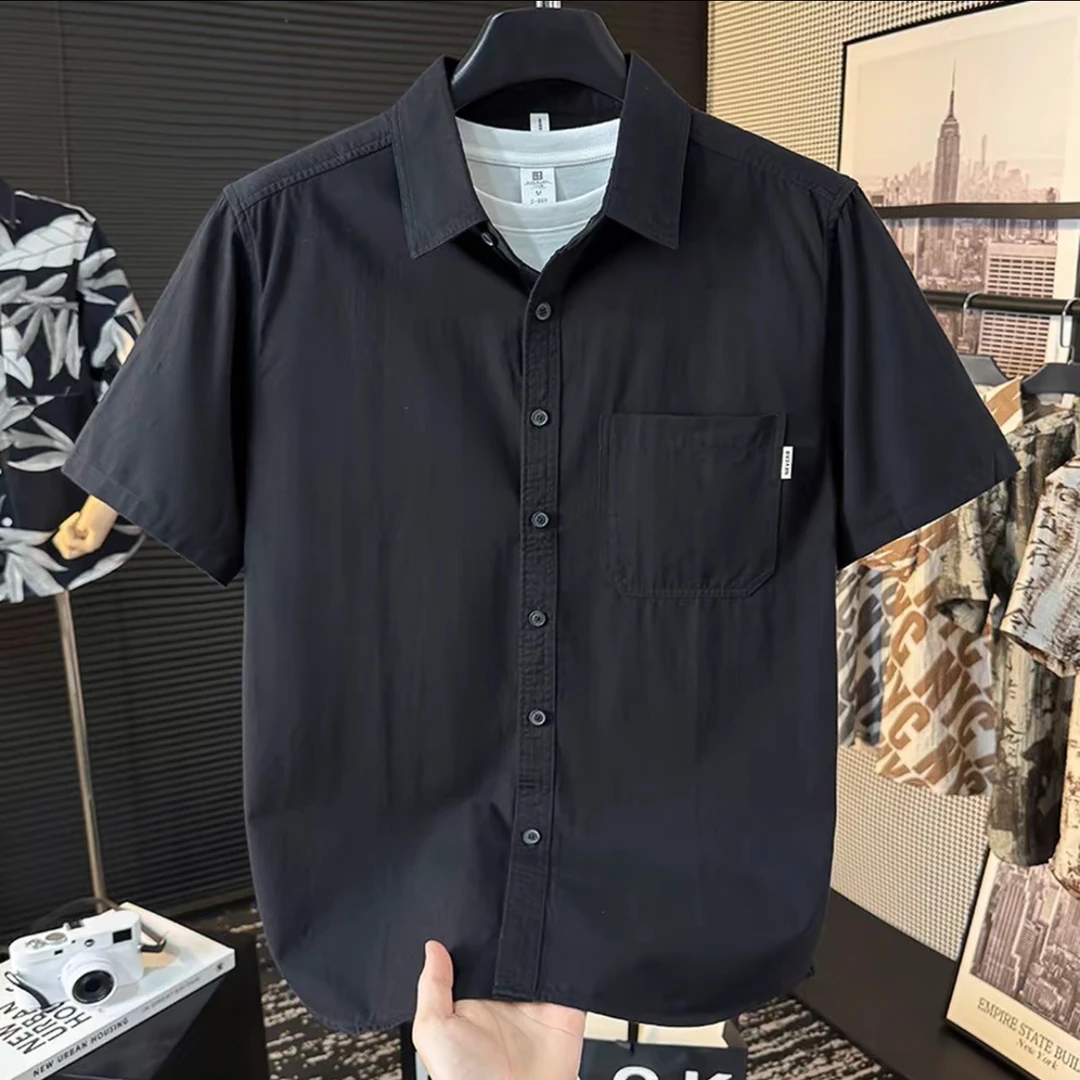 短袖衬衫薄款休闲宽松大码纯色夏季翻领男士百搭文艺衬衣透气上衣