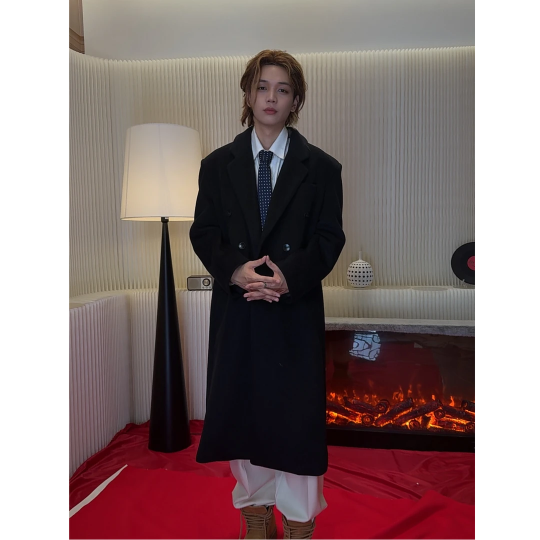 冬季中长款黑色长款毛呢大衣男士落肩袖韩版
