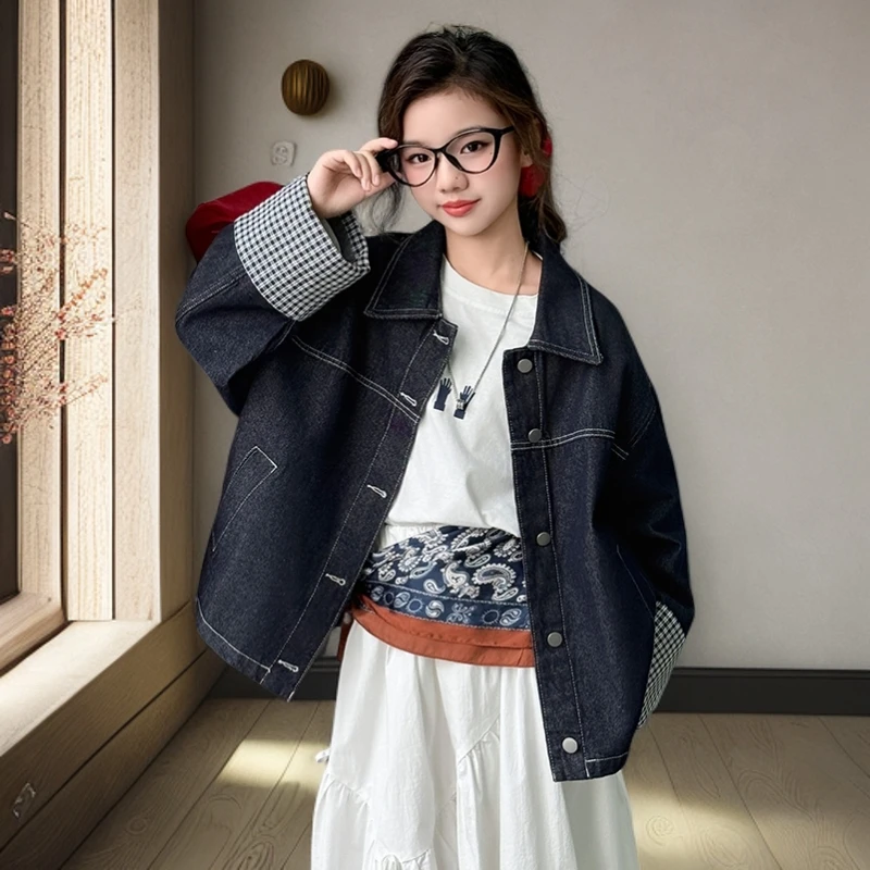 女童春秋季牛仔外套2025新款中大女童牛仔布拼接格子袖春秋款外套