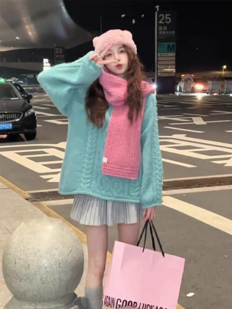 韩版粗线麻花毛衣女秋冬松弛感宽松显瘦慵懒风针织衫上衣加厚