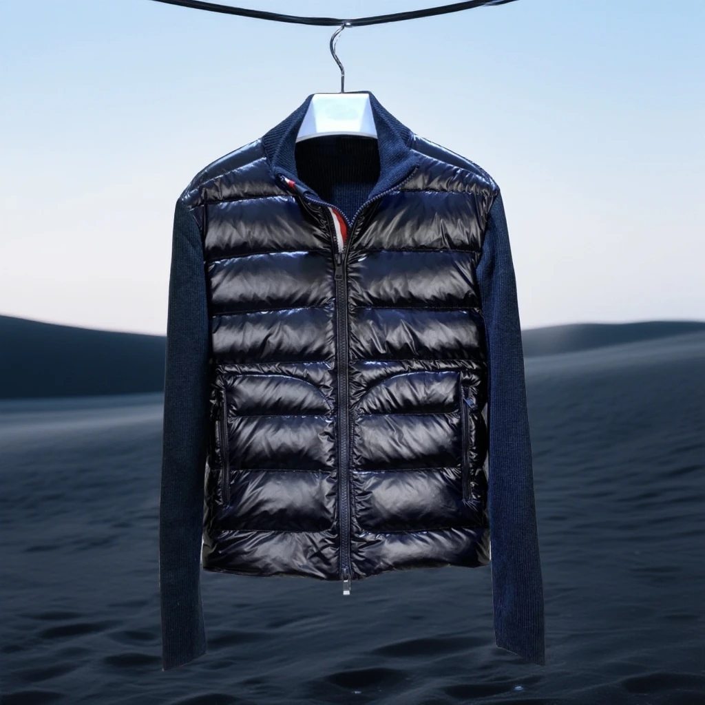 巴赛娜缇针织拼接羽绒服男轻薄白鹅绒立领开衫春季双拉链毛衣外套