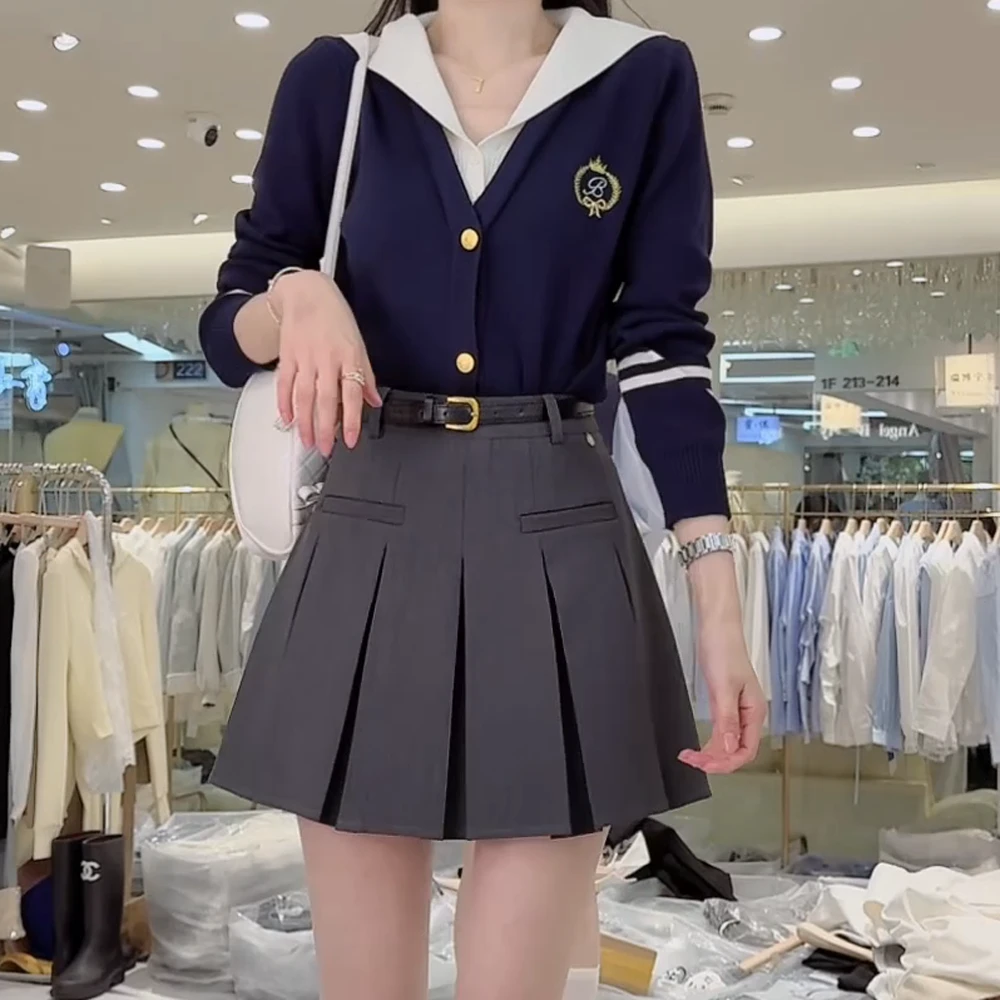 2025春季新款减龄学院风假两件毛衣女藏蓝色针织开衫上衣