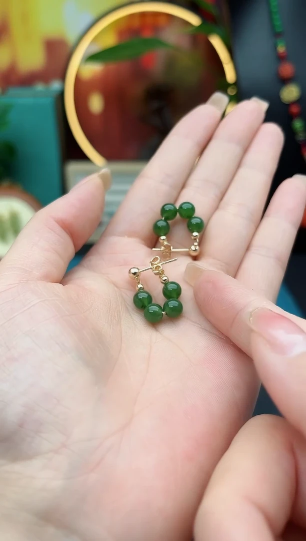 和田玉（碧玉）银S925镶嵌耳饰碧玉耳包