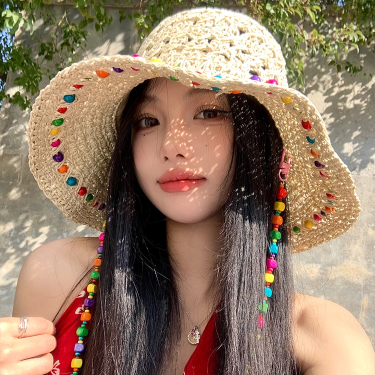 高颜值新款彩色木珠草帽女镂空设计遮阳防晒大帽檐渔夫帽沙滩度假