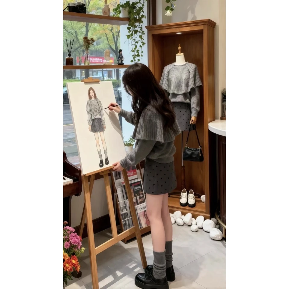 巨好看一整套韩系穿搭早秋小个子荷叶针织衫上衣波点半身裙两件套