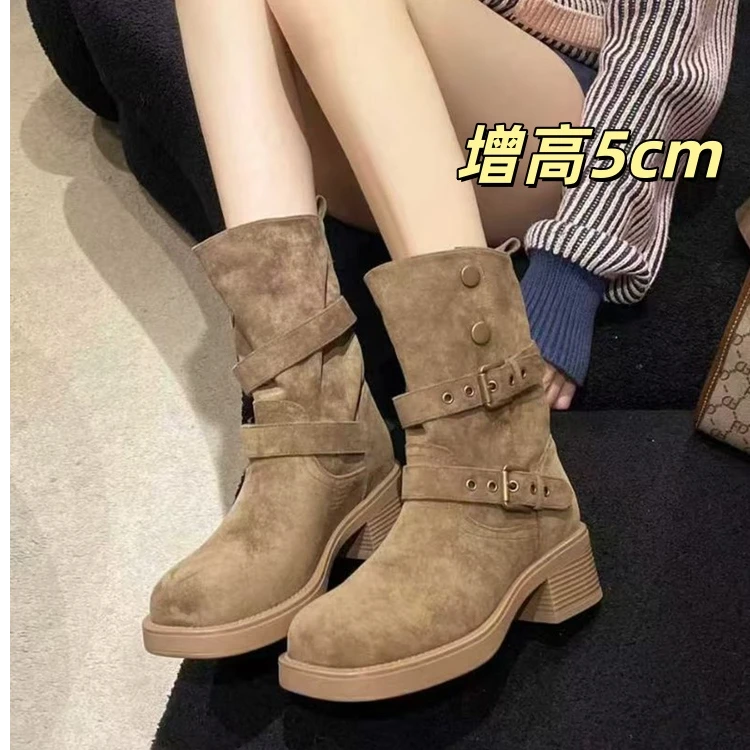 卓诗尼芙妮马丁靴女粗跟单靴短靴2025新款秋季磨砂驼色皮带扣两穿