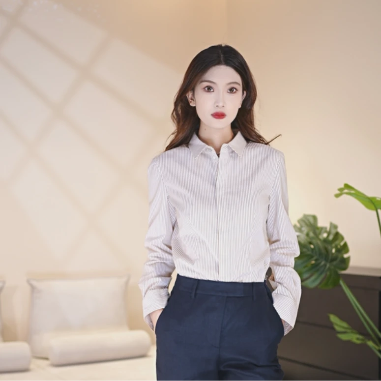 阿玛施时尚长袖修身简约春季显瘦条纹衬衣百搭通勤衬衫5300423