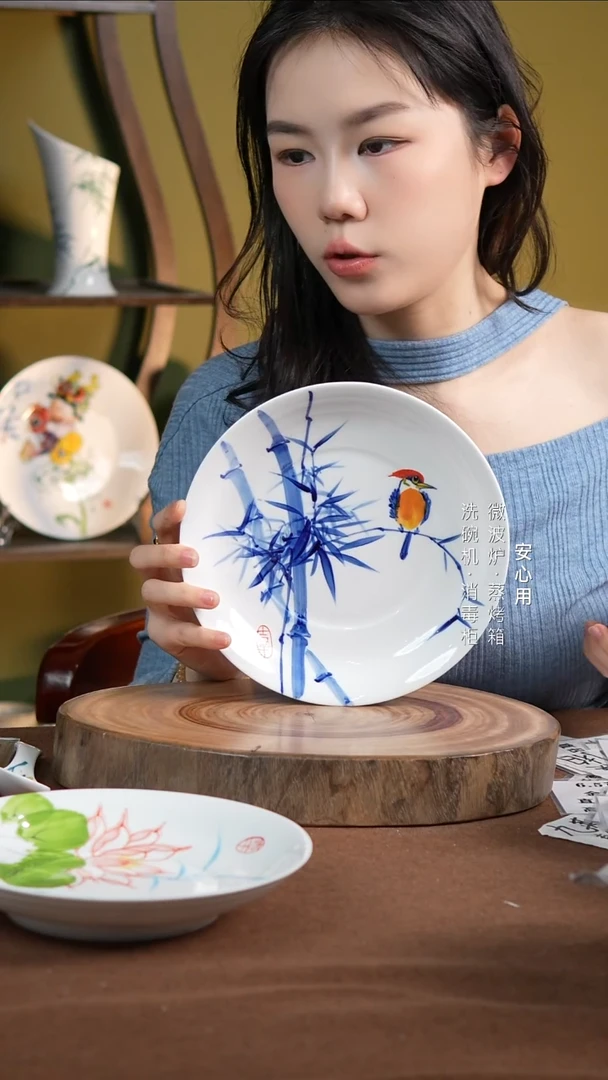 瓷景德镇高温手绘釉下彩8英寸官窑窝盘竹子翠鸟
