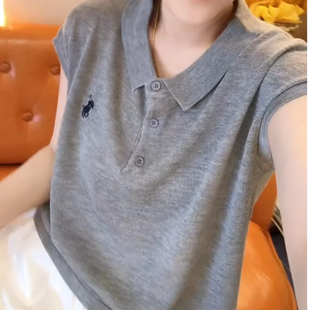 夏季高档砍袖小马刺绣纯色翻领遮肚显瘦洋气百搭衫T恤女减龄上衣