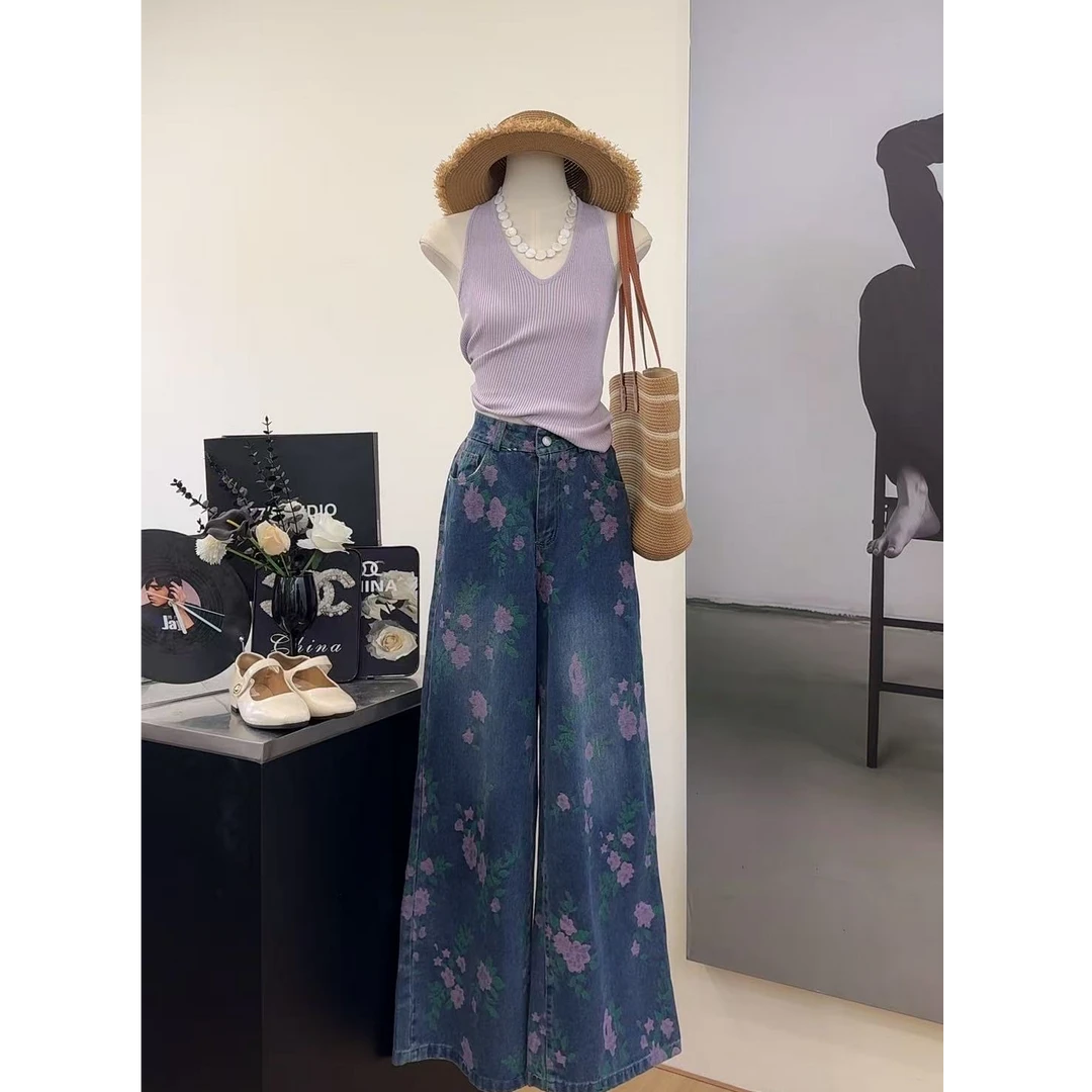 【甜美辣妹】性感上衣百搭显瘦印花小众直筒长裤女套装-7310