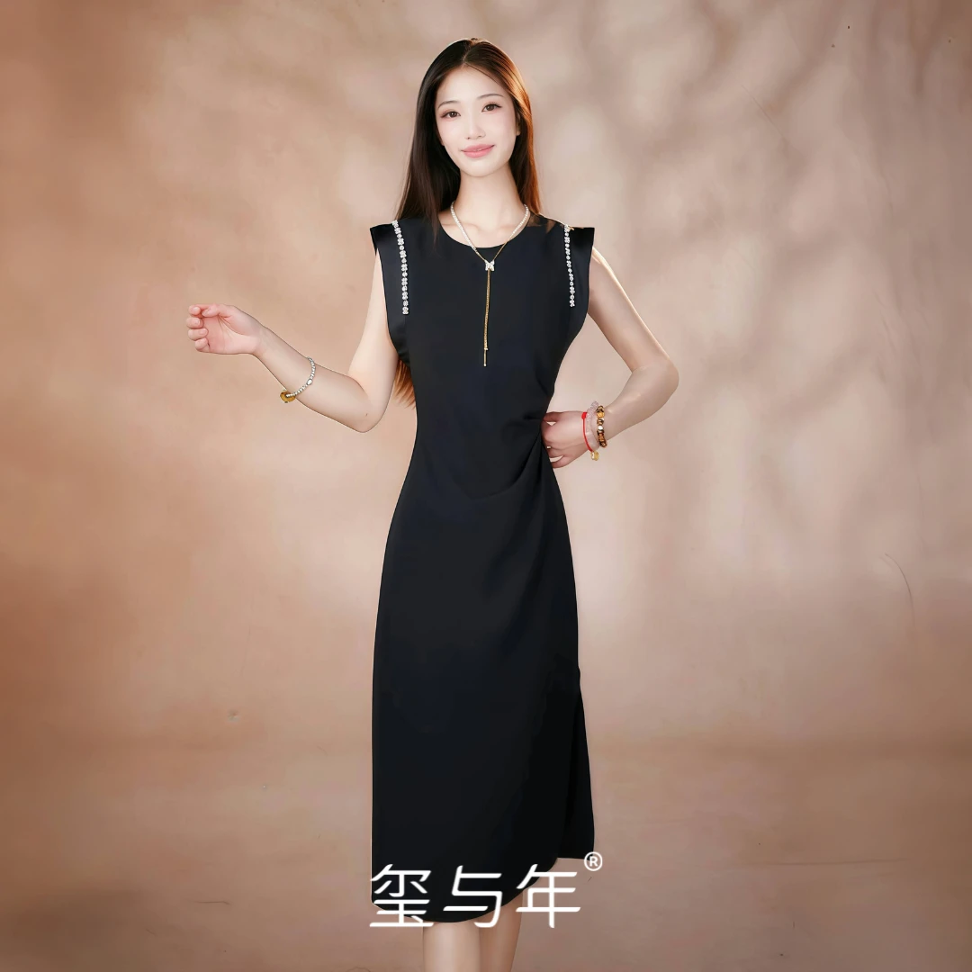 【影钻鎏光】夏季法式包臀裙轻熟风后妈裙镶钻飞袖连衣裙显瘦百搭