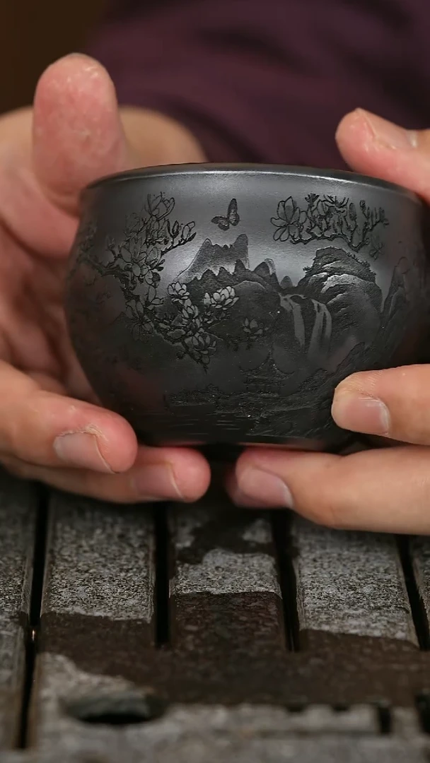 【闪购商品】紫砂茶杯紫砂茶杯石黄山水刻绘