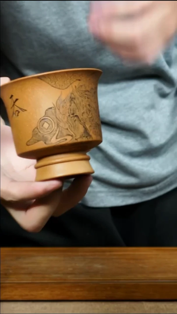 茶杯紫砂南柯记全手刻吞金杯