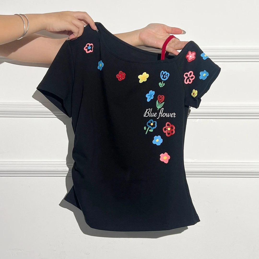 夏季新款韩系小众吊带斜肩短袖T恤不规则褶皱修身显瘦时尚上衣女