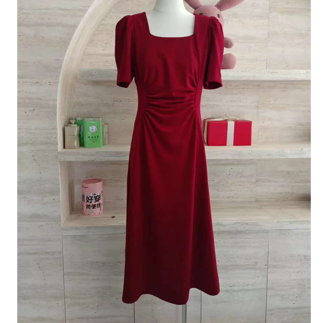 宴会中腰时尚酒红色夏季法式红色连衣裙夏收腰套头新娘方领
