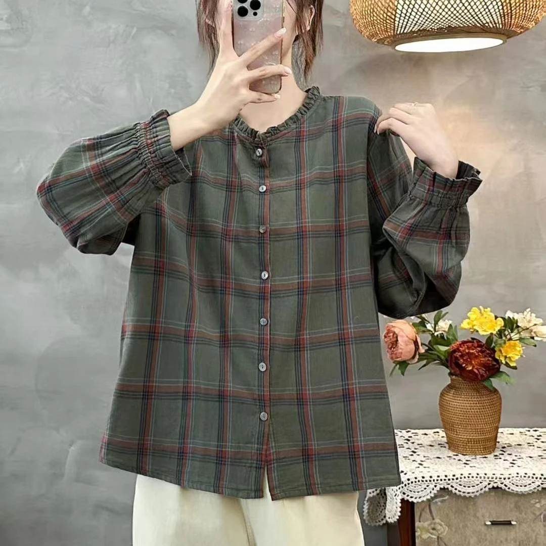 15325新款春秋休闲减龄宽松显瘦文艺格子复古衬衫