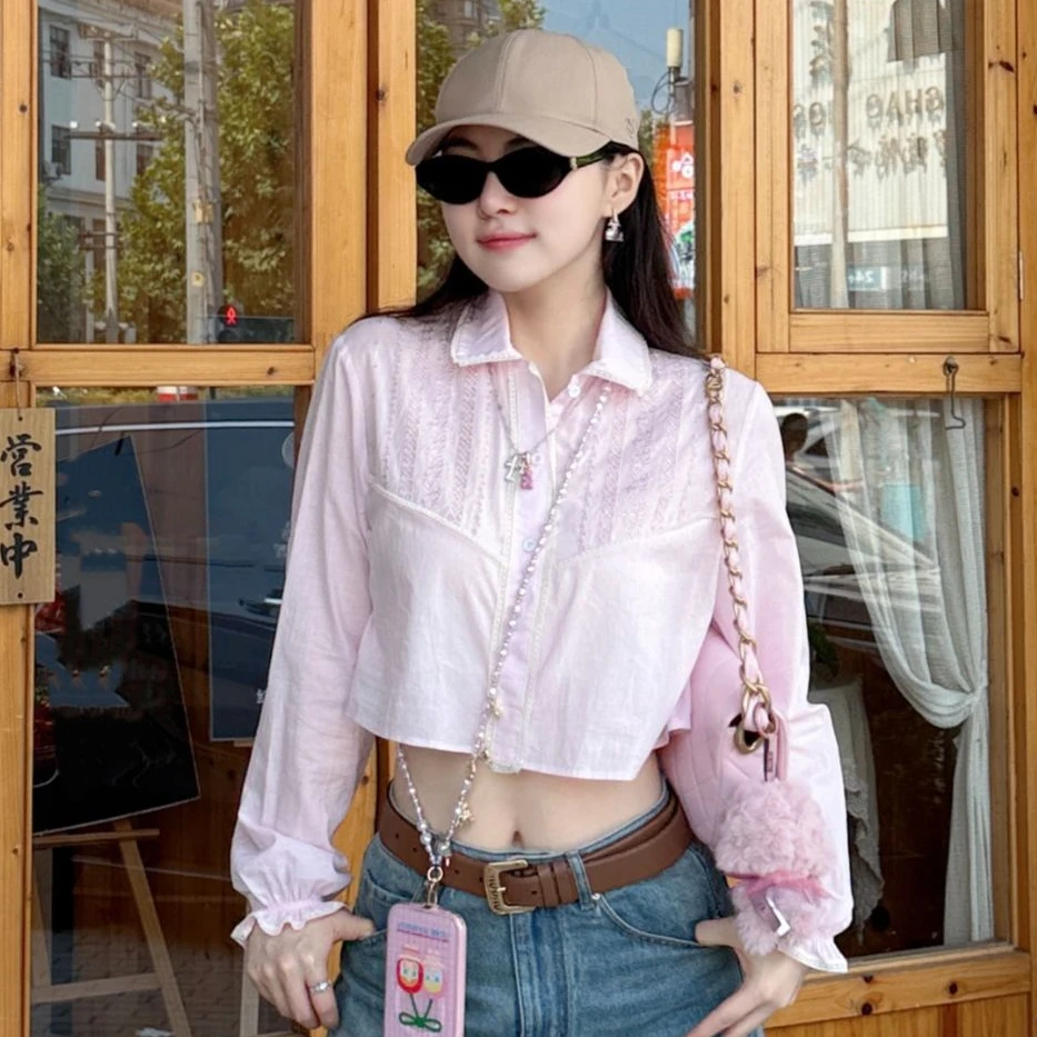 PM王囡囡 粉色拼蕾丝边镂空绣花袖口花边长袖薄衬衫 ND1C1465