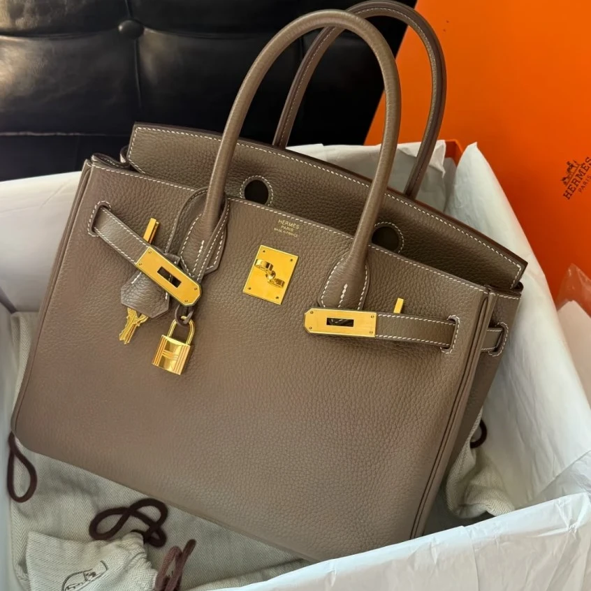 99新 Hermes/爱马仕 小花柳Birkin 30 大象灰 Togo皮 D刻 金扣包