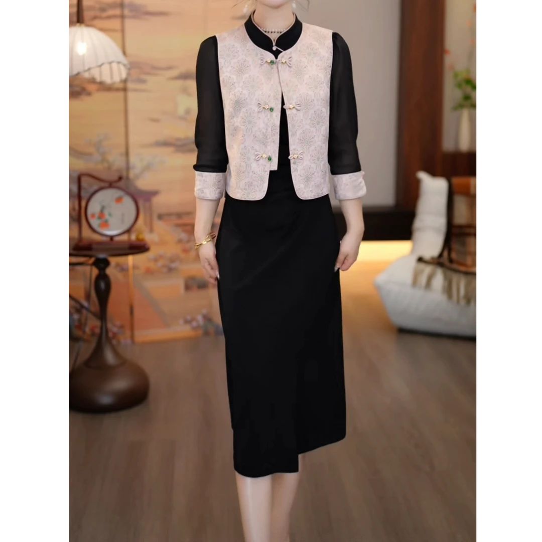 胜琳品牌2025秋款新中式国风氛围感粉金提花马甲黑色连衣裙两件套