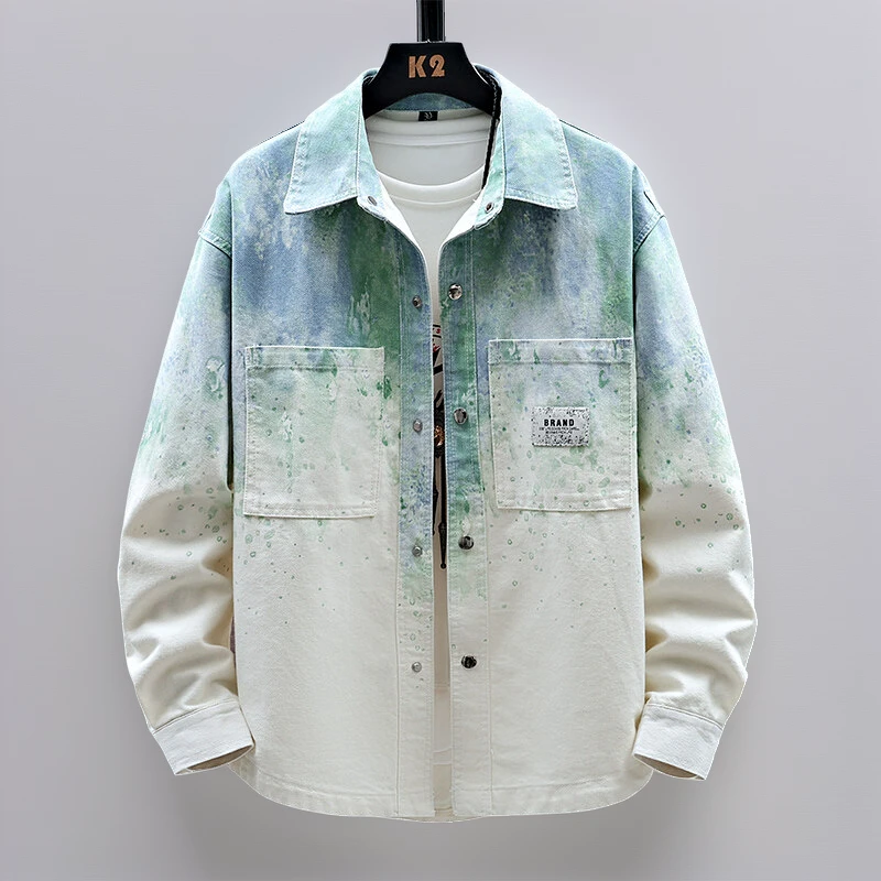 潮流水洗扎染休闲牛仔衬衫秋季新款刺绣外套宽松长袖男女情侣上衣