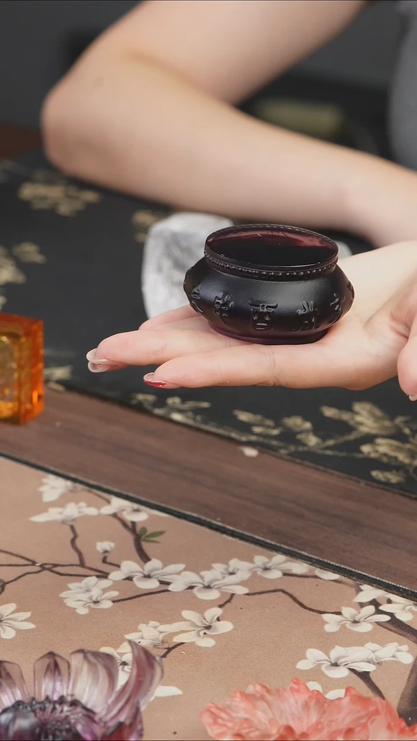 手工艺品琉璃古法琉璃紫色十二时辰鼓形盖置