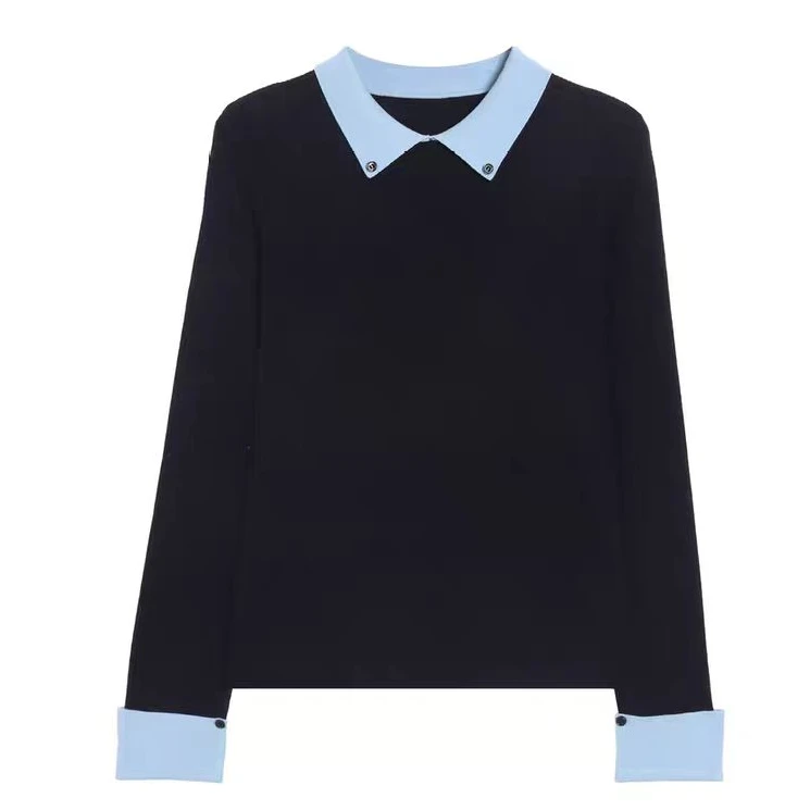 2025新款气质显瘦翻领百搭撞色个性针织打底衫女秋冬上衣MG8369