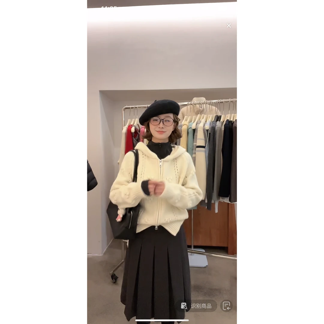 J-351002#韩系氛围感精致立体葡萄双拉链连帽毛衣