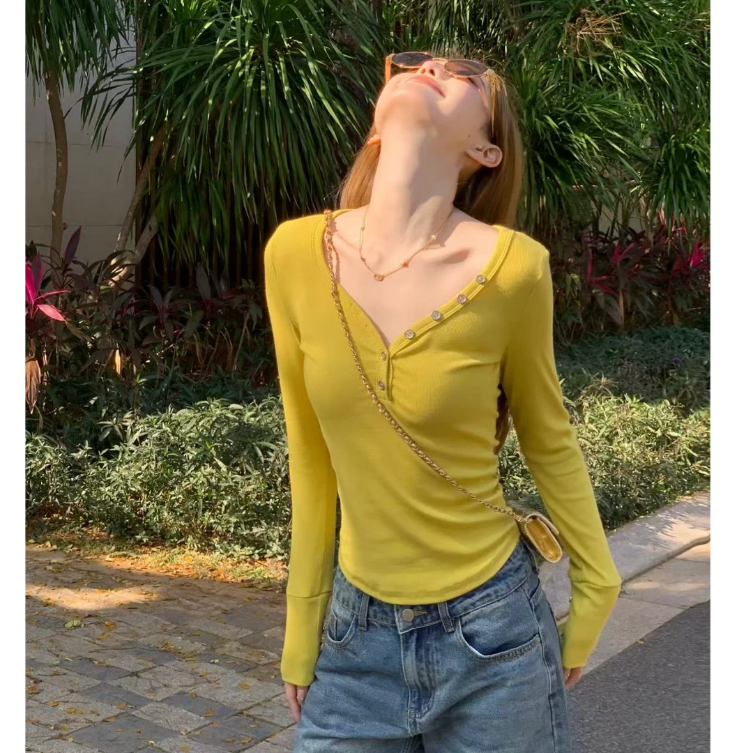 SSYDFER【性感辣妹】长袖显瘦洋气ins百搭修身纯色v领时尚