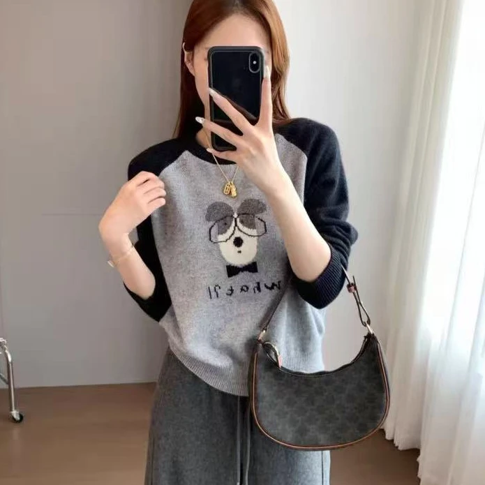 【桑蚕丝羊毛】秋冬卡通小狗宽松气质柔软针织打底衫女装毛衣889Z