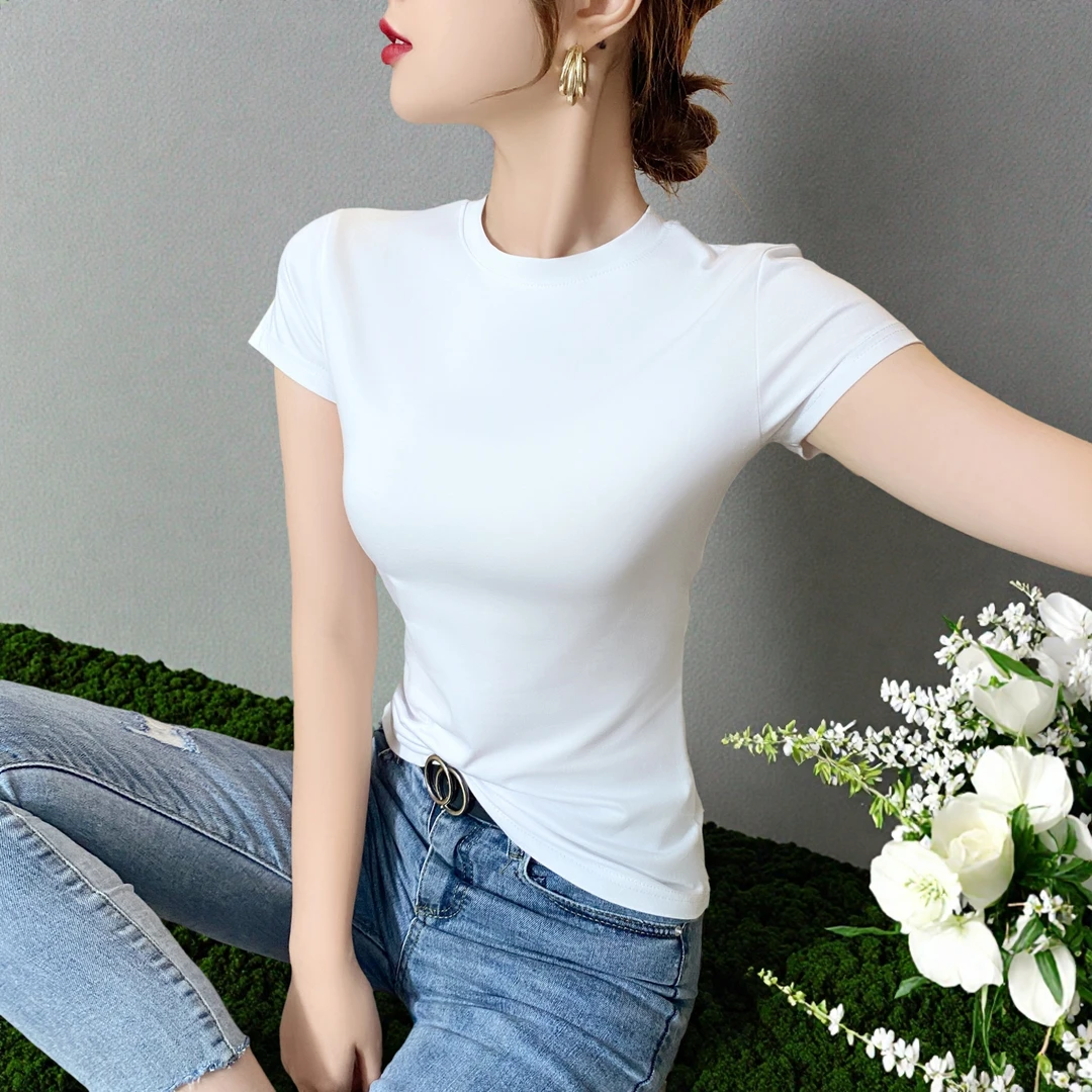 夏季半高领短袖白色t恤女紧身修身正肩t桖打底衫百搭体桖显瘦上衣