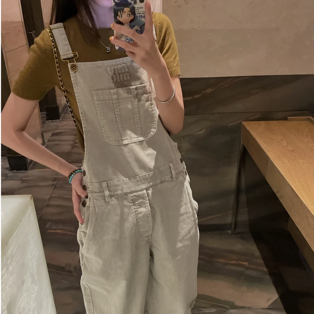 未使用 MIU MIU/缪缪 灯芯绒纯色logo背带裤 灰紫色/40/38