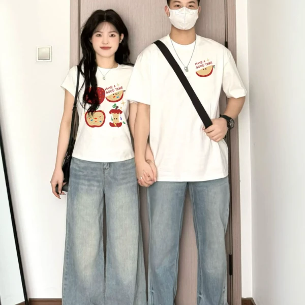 （2件装）情侣装短袖t恤男女一长一短2025夏季新款修身显瘦纯棉短袖