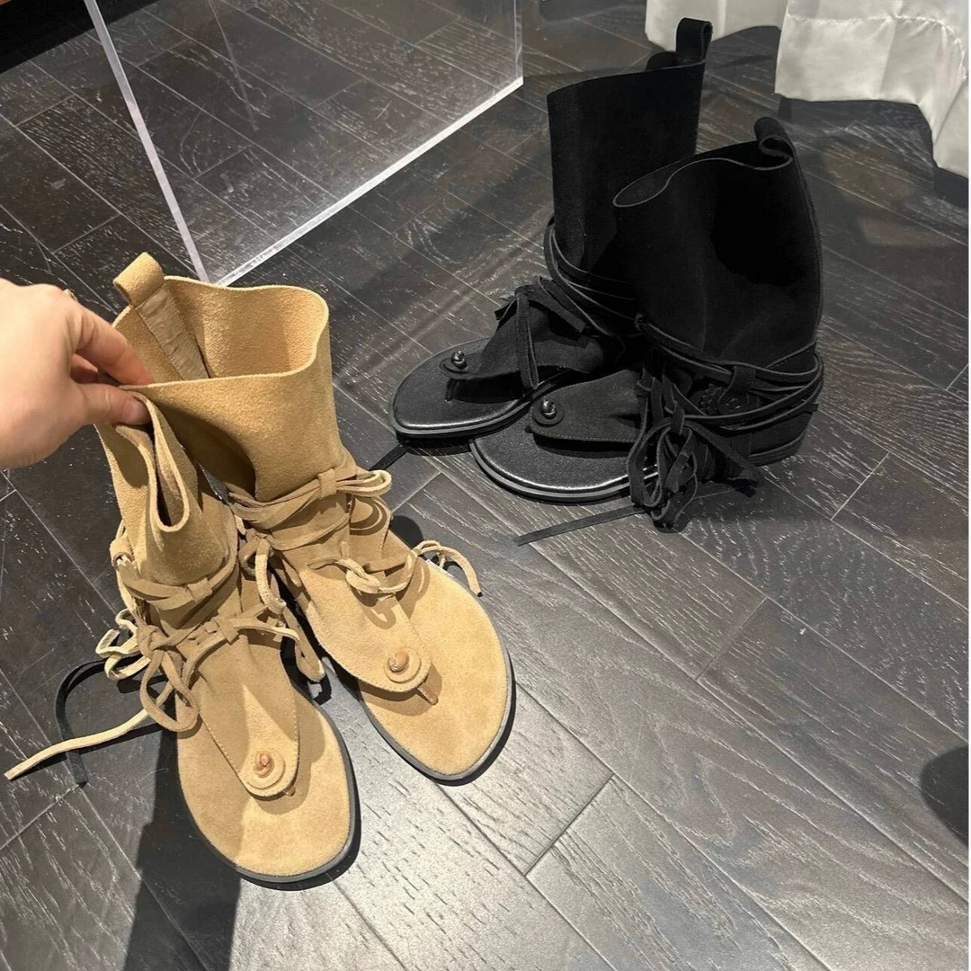 裤管靴女夹趾凉靴25年夏新款百搭圆头露趾西部靴低跟绑带人字凉鞋