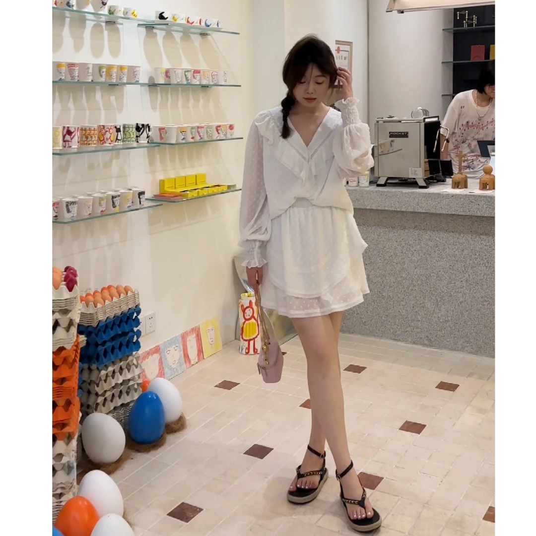 【半夏风铃-衬衫】宽松百搭薄款夏季V领荷叶边长袖波点衬衫网红