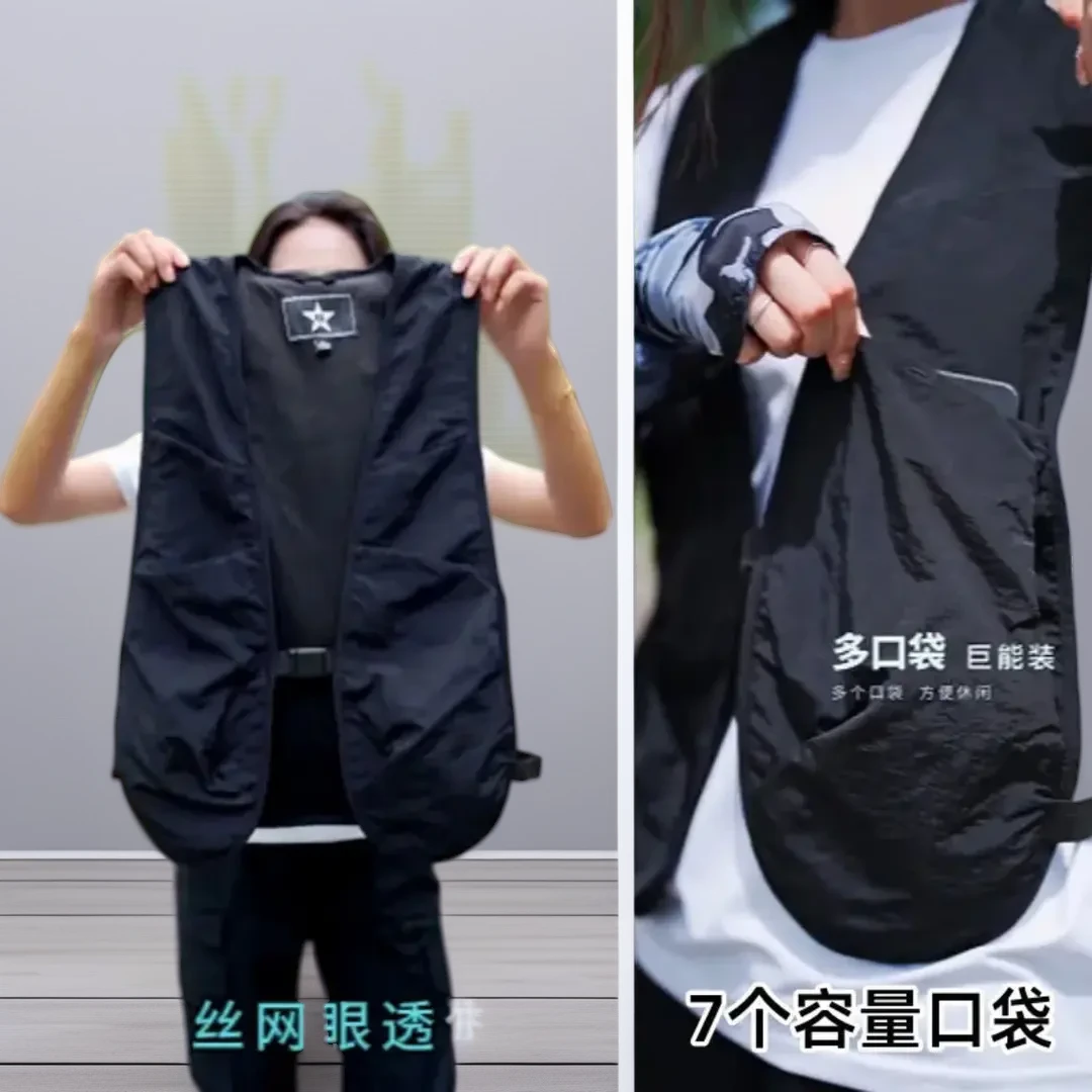 新款夏季户外薄款男女坎肩潮牌休闲摄影马甲机能工装蕾丝时尚外套