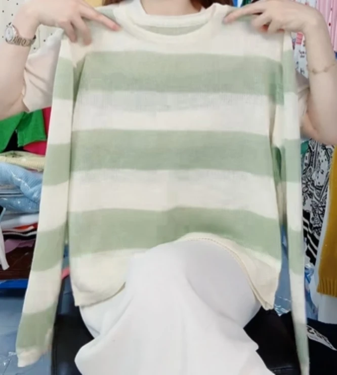 【妞妞】春季新款清新芝士黄条纹撞色针织衫显瘦慵懒风03637-绿色