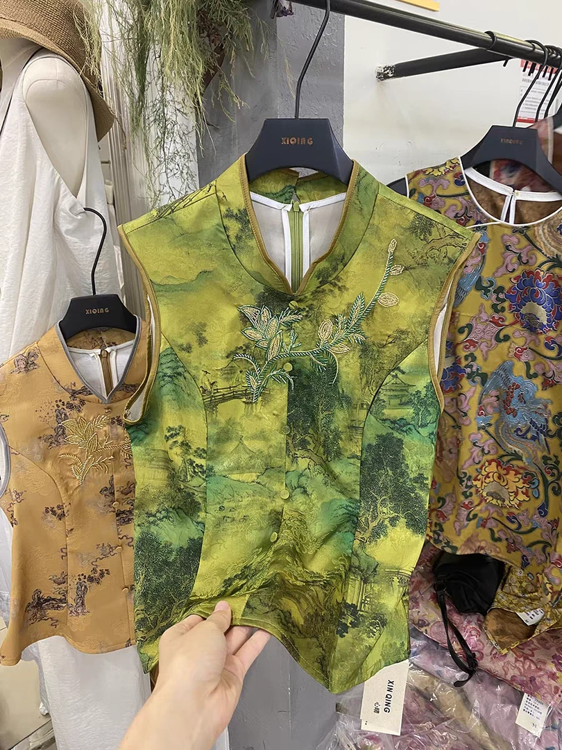 2025夏新款中式立领国风钉珠刺绣马甲收腰显瘦上衣衬衫马夹