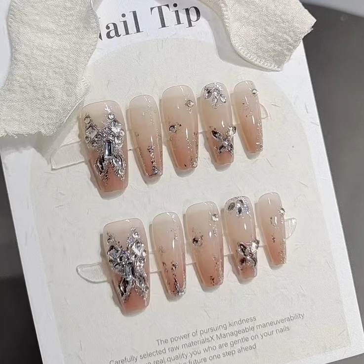 粉蝶魅影中梯款腮红可爱纯手工穿戴甲长款爆闪猫眼闪钻显白美甲