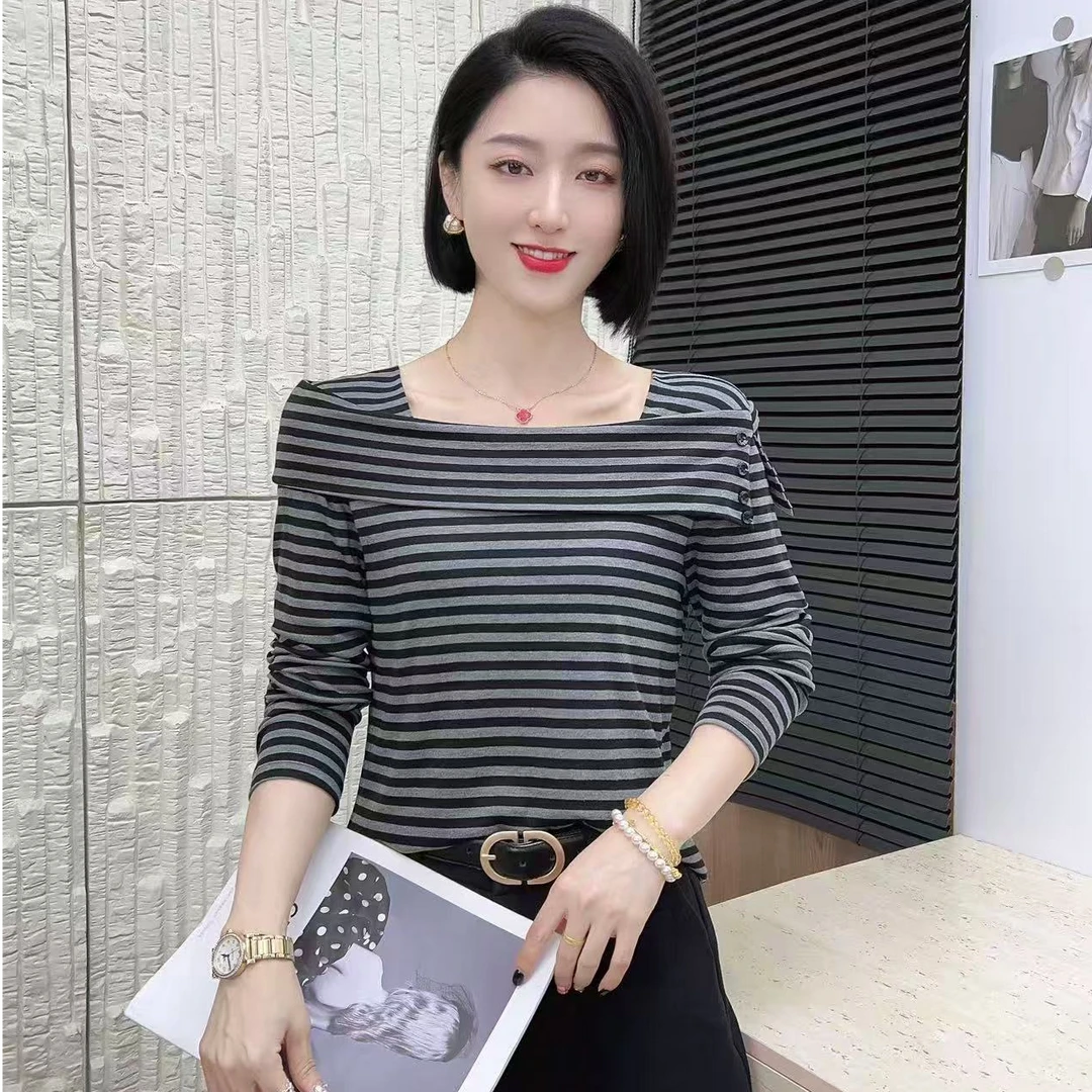 秋季新款时尚洋气一字领拼接潮流百搭t恤休闲气质长袖上衣M9005