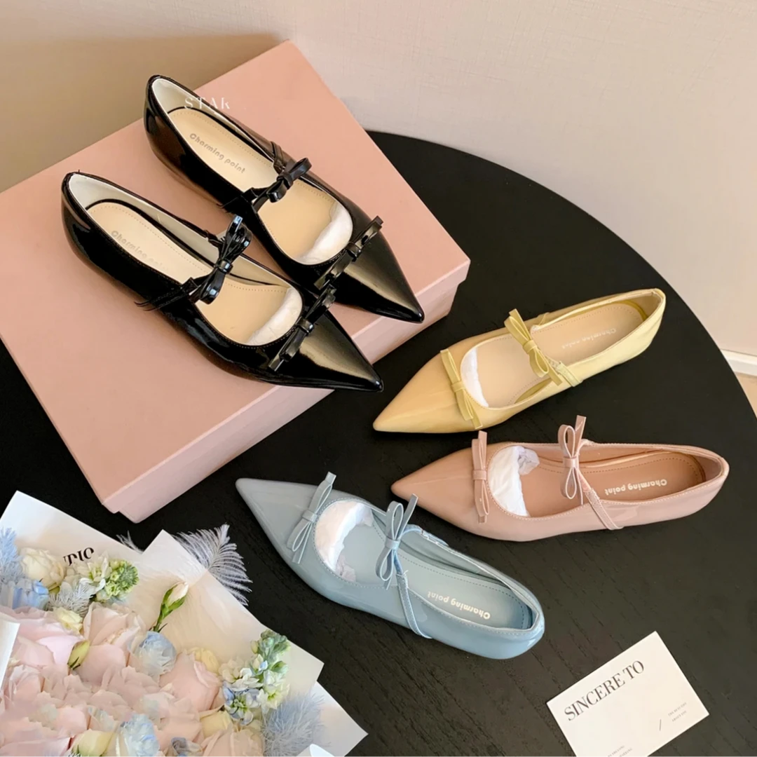 【SttAR】【SttAR】法式尖头蝴蝶结感温柔甜心漆皮百搭玛丽珍单鞋4CM